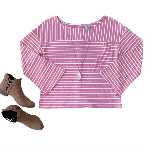 A New Day Casual Textured Stripe Pink Button Bell Sleeve Blouse Size Medium - Picture 15 of 15